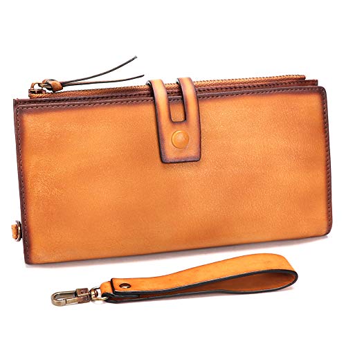 Genuine Leather Slim Wallets Vintage Handmade Bifold Long Wristlet Purse Money Clip Card Holder with Zipper (Brown)