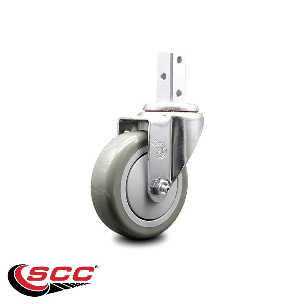 Swivel Square Stem Caster w/4” x 1.25” Gray Non-Marking Polyurethane Wheel – 3/4” x 2” Square Stem with (3) 17/64” Diameter Mounting Holes – 350 lbs. Capacity/Caster – Service Caster Brand