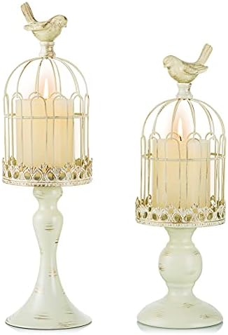 Decorative Candle Holder Bird Cage - Set of 2 Cage Lanterns for Candleholder Shabby Chic Country Home Decoration Table Centerpiece Mantel Decor, 13’’/16’’ Tall, Distressed Ivory