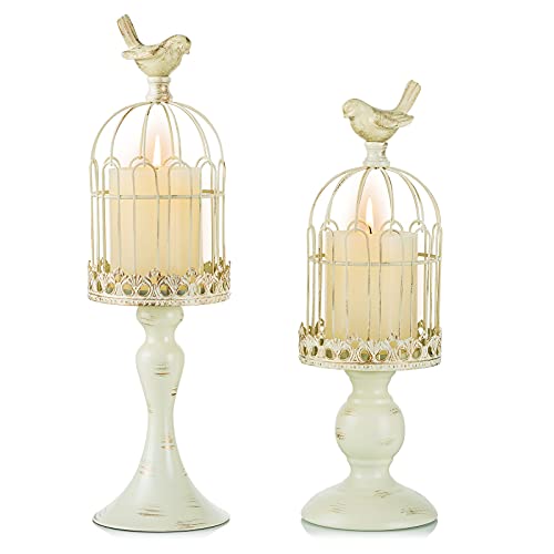 Decorative Candle Holder Bird Cage - Set Of 2 Cage Lanterns For Candleholder Shabby Chic Country Home Decoration Table Centerpiece Mantel Decor, 13’’/16’’ Tall, Distressed Ivory #TOP4