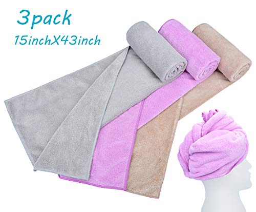 MAYOUTH - Toallas de pelo largo y grueso, superabsorbentes, de microfibra antiencrespamiento, de secado rápido, para cabello largo y grueso, Microfibra, Morado+caqui+gris, 40cmX80cm