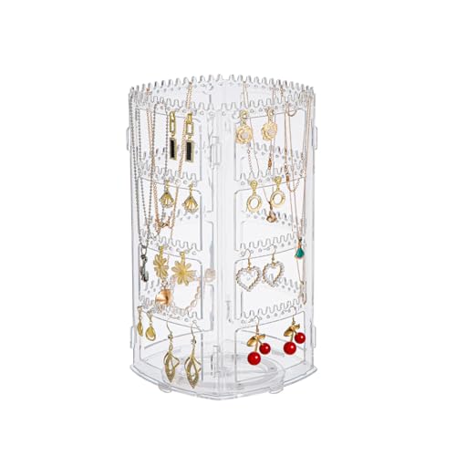 Himilucky Organizador giratorio para joyas, soporte giratorio de 360°, soporte para pendientes, soporte de joyería de 4 niveles, soporte de joyería, almacenamiento de collares, Transparente