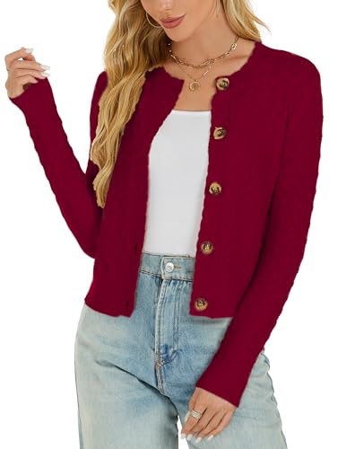 Image of Women's Long Sleeve Cropped Knitted Sweater Cardigan Button Down Open Front Knitted Shrug Sweaters