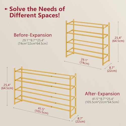 Image of Tajsoon Expandable Shoe Rack for Closet 4 Tier, 28 inch-41 inchStackable, Gold