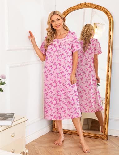 Image of Bloggerlove Nightgowns for Women Soft 100% Cotton House Dress Short /Long Sleeve Night Gowns Comfy Sleepwear S-3XL
