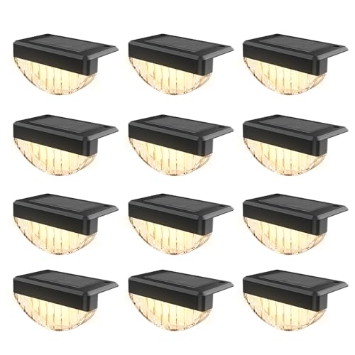 VOLISUN 12 Pack Solar Deck Lights Outdoor, Warm White LED Solar Step Lights for Outside, Waterproof Fence Light for Patio, Deck, Stairs, Yard, Pool and Porch (Black)