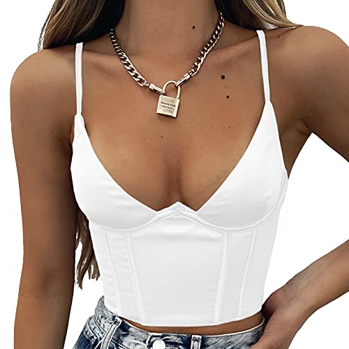 Women Corset Tops Spaghetti V Neck Bustier Sleeveless Slim Zip Back Sexy Cami Tanks Clubwear Party Tube Crop Top (As1, Alpha, M, Regular, Regular, White) #TOP12