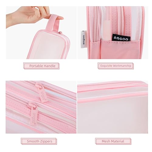 Image of Oyachic Clear Pencil Case,Grid Mesh Pencil Pouch,Pencil Bags with Double Zipper,Transparent Pencil Box for Aduts, Pink