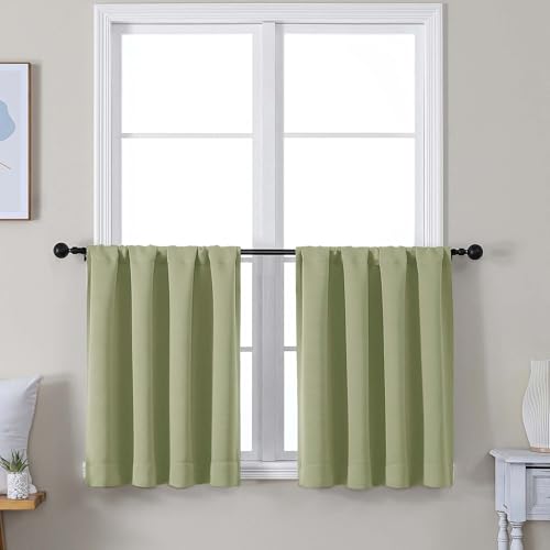 Image of Simplebrand Ava Sage Green Short 24 Inches Blackout Curtain 2 Panels Set, Half Window Rod Pocket Privacy Curtain Tiers for Kitchen, Curtains Blackout for Bathroom Shades, W30 x L24 Inch, Sage Green