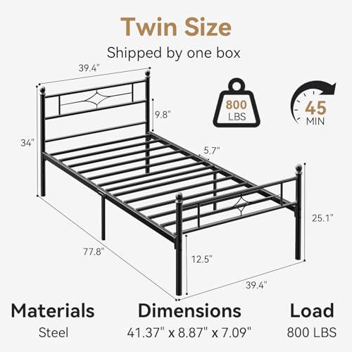 Image of Nelaukoko Twin Metal Bed Frame with Headboard and Footboard, Platform Bed Frame Twin Size with Storage Underneath, Strong Metal Slats Support, No Box Spring Needed, Easy Assembly