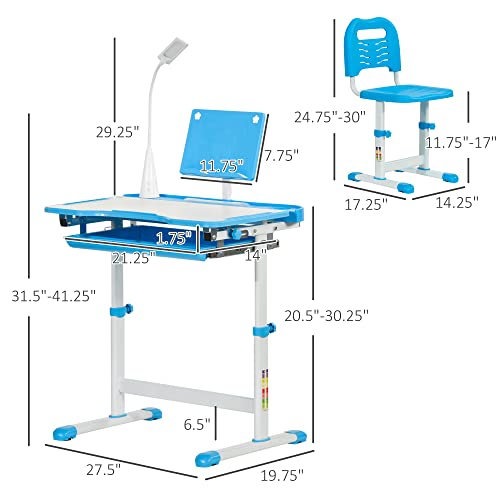 Qaba Kids Desk and Chair Set School Study Desk with USB Light Storage Drawer for Writing Activities Arts or Crafts Blue and White