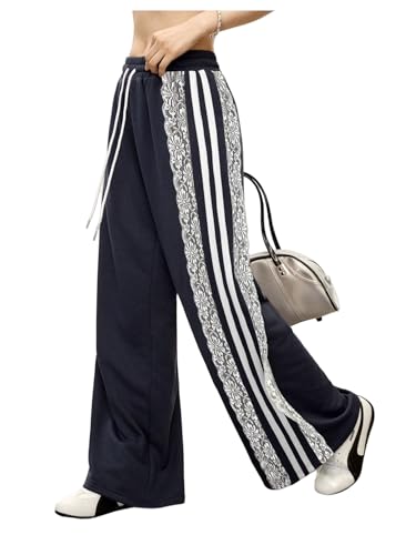 MakeMeChic Women's Floral Lace Striped Pants Drawstring Wide Leg Y2k Sweatpants Trousers