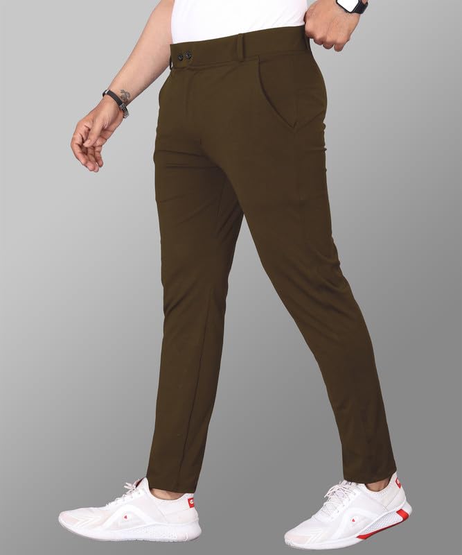 Image of MiraMichi Men's Slim Fit Stretchable Casual Mid Rise Trousers | Stylish Lycra Blend Pants for Office, Party
