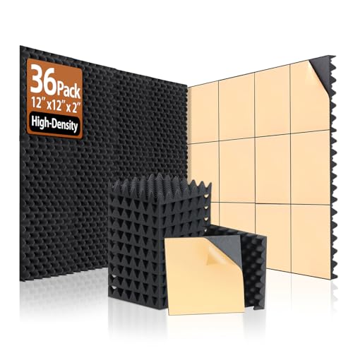 SD SODOCT 36 Pack Acoustic Foam Panels with Self Adhesive 12" X 12" X 2" Sound Proof Foam Panels for walls High Density Egg-Crate Soundproof Wall Panels for Studio Office Gaming Room