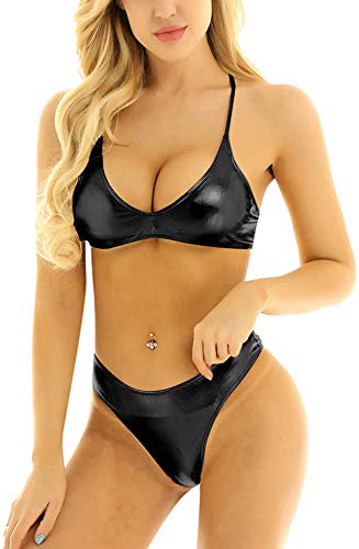 Image of X-Night Women's Shiny Faux Leather Sexy Solid Strappy Cross Bikini Lingerie Set