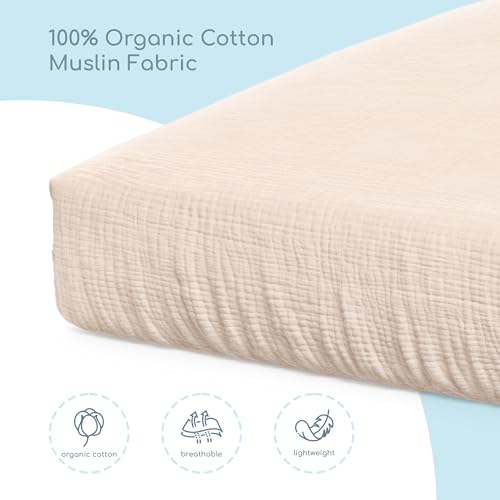 Image of Muslin Crib Sheets, 100% Organic Cotton, Breathable and Ultra-Soft, Standard Crib Sheet Mattress (28 inchx 52 inch) for Girls and Boys, Neutral Fitted Baby Crib Sheet (Wheat)