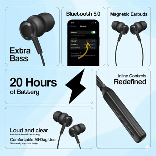 Image of TP TROOPS Wireless in-Ear Neckband Bluetooth In Ear Earphones with 10mm Drivers, Rich Music Experience, 50 Hours Playtime, Type C Fast Charging, Neckband Earphones with Voice Assistant (Black)