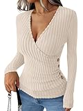 ANRABESS Long Sleeve Shirts for Women Sexy Sweater V Neck Ribbed Knit Slim Fit Wrap Top 2025 Fall Casual Fashion Clothes Medium Light Khaki