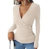 ANRABESS Long Sleeve Shirts for Women Sexy Sweater V Neck Ribbed Knit Slim Fit Wrap Top 2025 Fall Casual Fashion Clothes
