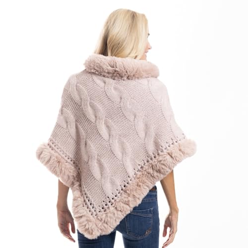 Cozy Luxurious Faux Fur Trim Cable Knit Poncho - One Size Fits All4