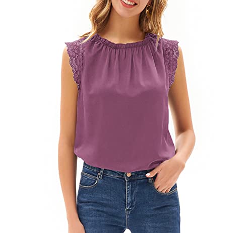 Damen Sommer Bluse Loose Fit Rundhals Tops Spitzenschulter Oberteile...