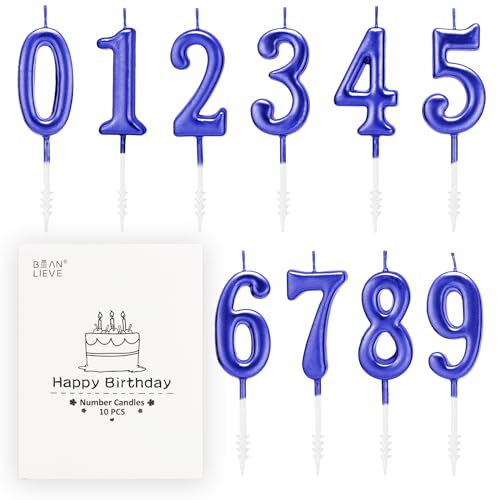 BEAN LIEVE Lot de 10 bougies d'anniversaire à chiffres de 0 à 9, décoration de gâteau à paillettes pour anniversaire, mariage et fête (bleu)