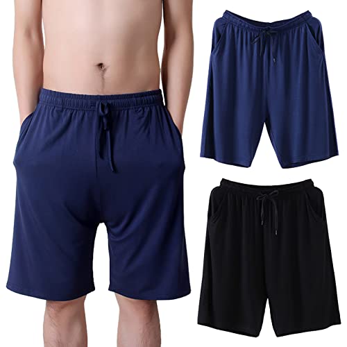 Jamron Hombre Tallas Grandes Pack de 2 Pantalones Cortos de Pijama Elástico Ligero Pantalones Cortos para Dormir en Casa con Bolsillos Negro + Azul Marino 6XL