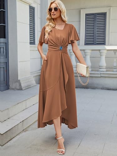 Image of QMZ Wedding Guest Dresses for Women V Neck Cocktail Dress Ruffle Sleeve A Line Evening Party Formal Dresses for Women