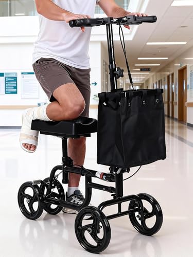 Image of Knee Scooter for Adults for Foot Surgery Crutch Alternative Adjustable All-Terrains Knee Roller Scooter with Dual Handbrakes and Canvas Bag for Broken Foot, Ankle Injury, Surgery