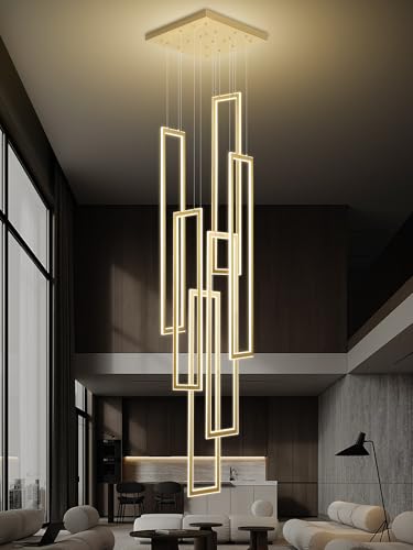 ykolupty 6-Rings Modern Chandelier,H138 Rectangle Chandeliers for Staircase,LED Dimmable High Ceiling Chandeliers Large Contemporary Chandelier for Villa Foyer Gold