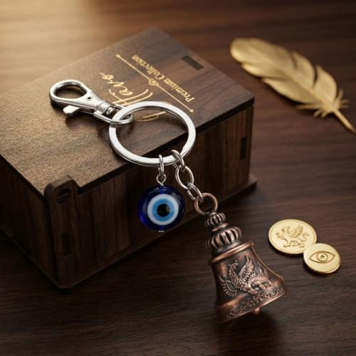 Image of OTTAVO Premium Guardian Bell Keychain for Bike & Car | Tibetan Texture Bell Keychain with Evil Eye & Silver Hook | Good Luck Charm with Laser-Engraved Wooden Gift Box