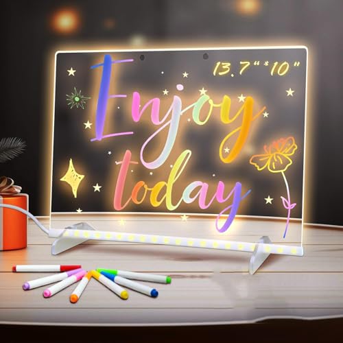 Interactive LED Note Board & Dry Erase Message Board for Kids, 13.7"x10" Light Up Acrylic Drawing Pad with 7 Colors, 4 Modes, Stand, Hanging Kit & 7 Markers, Creative Educational Gift for Boys & Girls