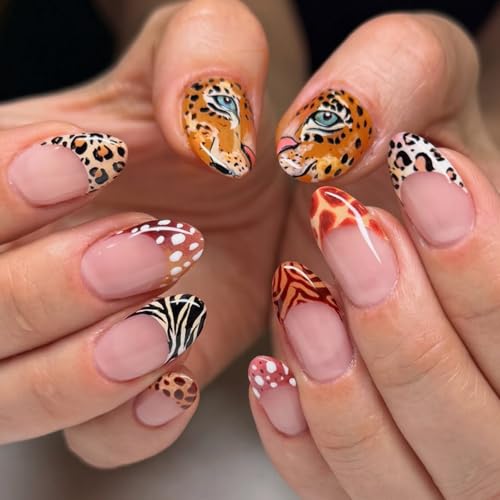 Image of Leopard Press on Nails French Tip Fake Nails Medium Almond False Nail Nude Glue on Nails Leopard Print Nail Press ons Artificial Acrylic Stick on Nail for Women Manicure 24Pcs