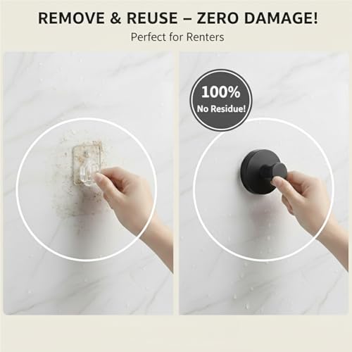 Rykho Suction Hooks for Shower - No Drill Towel Hooks for Bathroom Kitchen Glass Mirror Tile - Stainless Steel Heavy Duty Twist Lock Vacuum Hook Strong Holds Towels Utensils Gear - 2 Pack Black by Rykho - Used condition - Image 4