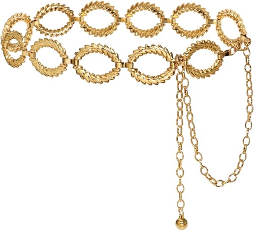 HIQUACC Metal Square Waist Chain for Women Square Body Link Belt for Dresses (Circle-Gold L)