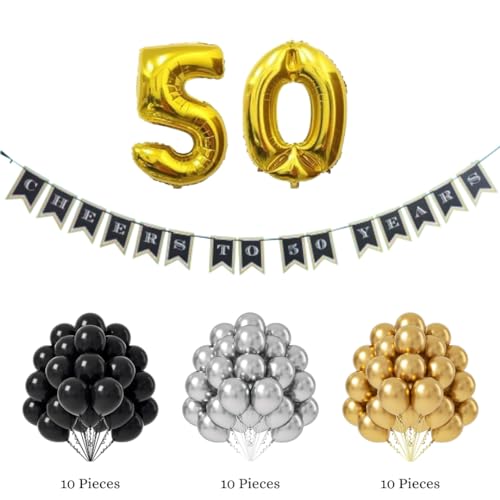 Image of Wanna Party Happy 50th Birthday Decorations Combo Kit - 33 pcs | Happy Birthday Decoration Kit | Men and Women |birthday banner | Gold, black and Silver Balloon | 50 numerical Gold Balloon
