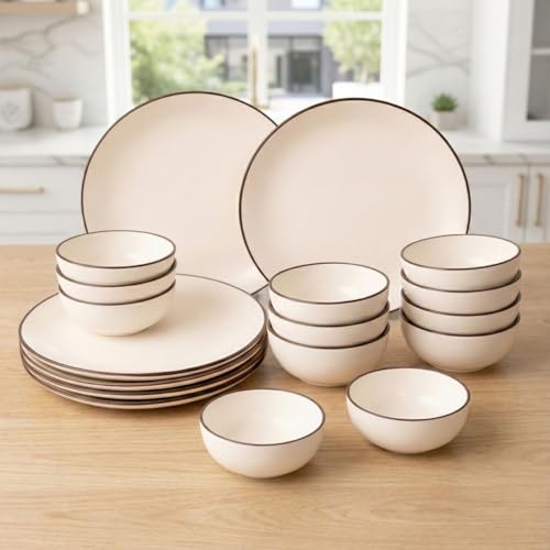 Image of Freakway Minimalist Cream Ceramic Dinnerware Set - 18 Piece(6 Dinner Plates +12 Bowls) Stoneware Dishes with Hand-Painted Brown Rim - Service for 6 - Microwave & Dishwasher Safe-Ivory White