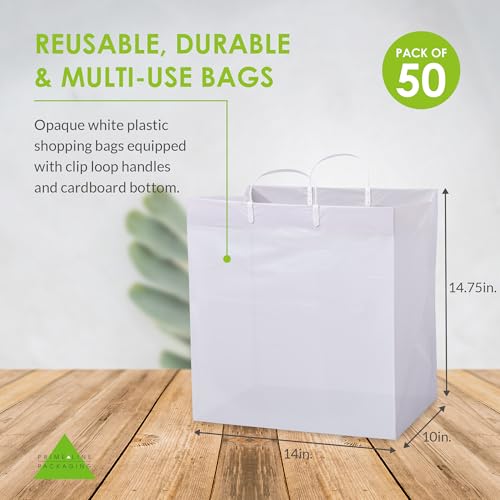 Prime Line Packaging White Plastic Bags, Shopping Gift Bags with Handles for Small Business, Food Service, Take Out, Delivery, Retail Bulk, 14x10x14.75, 50 Pack