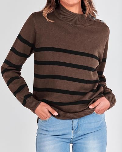 KIRUNDO Fall Sweaters for Women 2026 Striped Turtleneck Ribbed Knit Sweater Trendy Pullover Jumper Winter Fashion Clothing(X-Large, Coffee) — view 6