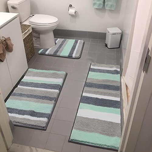 Vaukki 3 Piece Bathroom Rugs Set, Non Slip Shaggy Microfiber Bath Shower Mats Set, Plush Absorbent Washable Bath Rugs Runner for Bathroom, Tub and Shower (Green, 20''x24''+20''x32''+18''x48'')