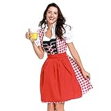 Dream Room Trachten Damen Dirndl Midi Kleid Trachtenkleid Kurzarm Dirndlbluse für Oktoberfest Dienstmädchen Kostüm Kariertes Kleid Faltenrock Tutu Halloween Kleid (XL, Rot)