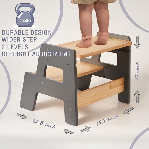Image of Toddler Step Stool for Kids - Height Adjustable Non-Slip Wooden Step Stool for Bathroom Sink, Kitchen & Potty Training 2-Step - Grey