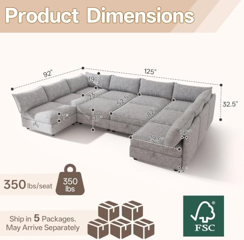 Image of 125 inch 10 Seat Modular Sectional Sleeper Sofa, Chenille Modern Modular Sofa Bed Hidden Storage, Convertible L&U Shaped Sleeper Couch with Ottoman, Couches for Living Room, Gray