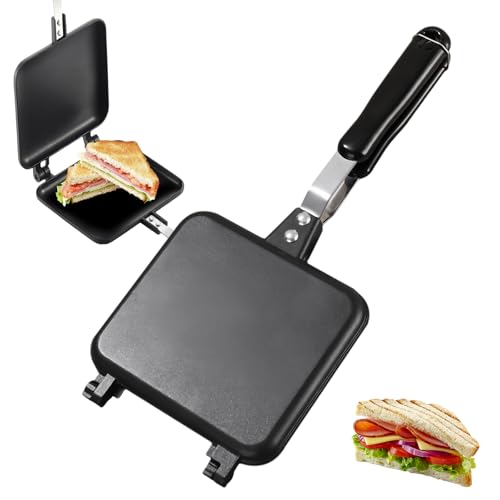 SPORWAY Sartén de doble cara: antiadherente Sandwich Panini Maker de aluminio con mango resistente al calor, mini tostadora portátil para desayuno, camping