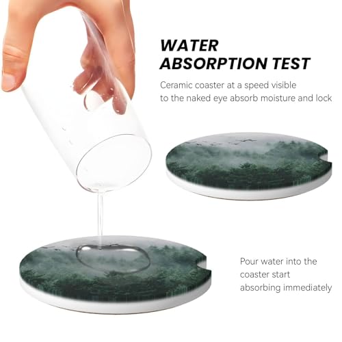 Image of Forest Tree Car Coasters for Cup Holder Absorbent Ceramic Cup Coaster 2 Pack Anti Slip Car Interior Accessories with Finger Notch Cork Base for Women Men 2.56 inch