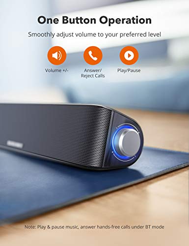 TaoTronics Computer Speaker, Bluetooth 5.0 Wireless PC Soundbar, Stereo USB Powered Sound Bar Speaker for Computer Laptop Smartphone Tablet Game Console, Aux Connection, Black