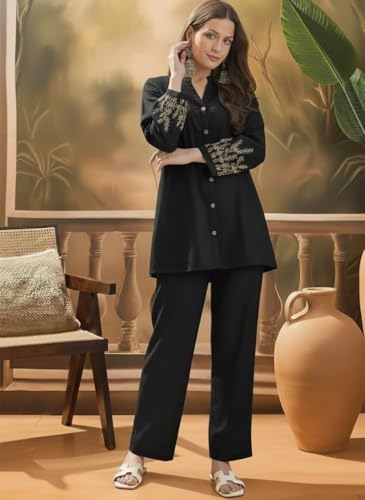 Image of SHEINZY Elegant Embroidered Sleeve Co-Ord Set for Women | Comfortable Silk Blend V-Neck Button-Down Top Matching Pants | Stylish Casual Ethnic Wear