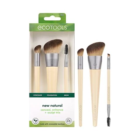 EcoTools New Natural Conceal, Enhance, & Sculpt Trio, Makeup Brushes For Foundation, Concealer, & Brows, Dense, Synthetic Bristles For Sculpting Face, Vegan & Cruelty-Free, 3 Piece Set Cover