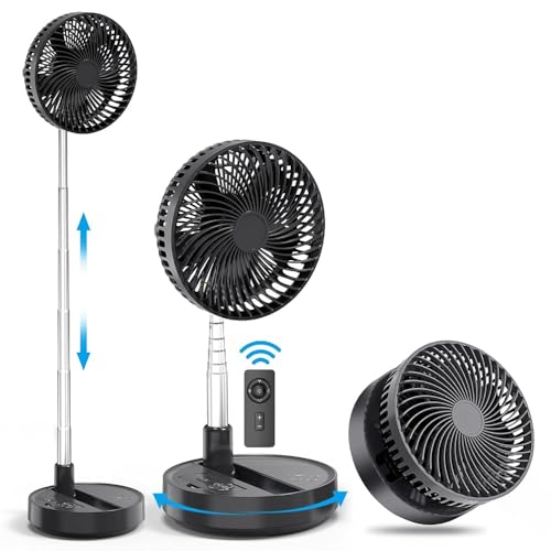 PANERGY Ventilador de pie recargable portátil con batería de 10000 mAh, ventilador de pedestal plegable de 8 pulgadas para dormitorio, viajes y uso al aire libre, ventilador de suelo oscilante