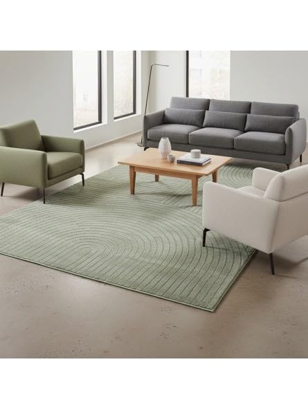 Tapis Moderne à Relief Graphique avec Texture sculptée et Lignes arrondies - Dimension 80x150 cm, Couleur Vert